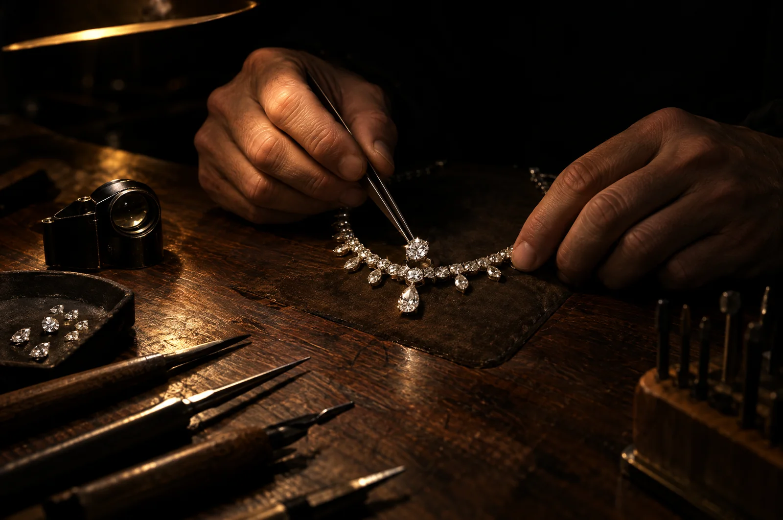 Jeweller's hands setting a diamond with tweezers