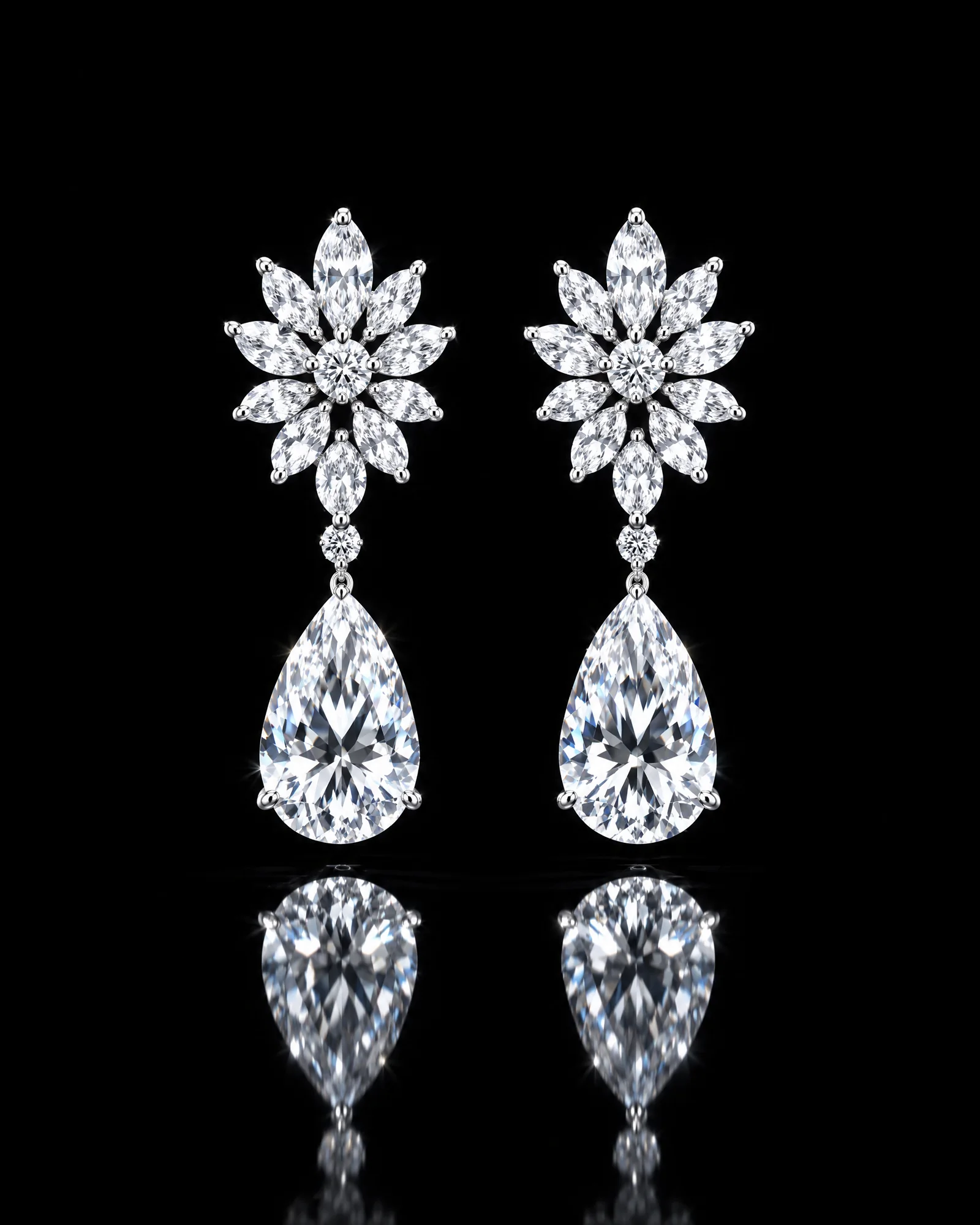 Marquise flower diamond earrings with pear drops