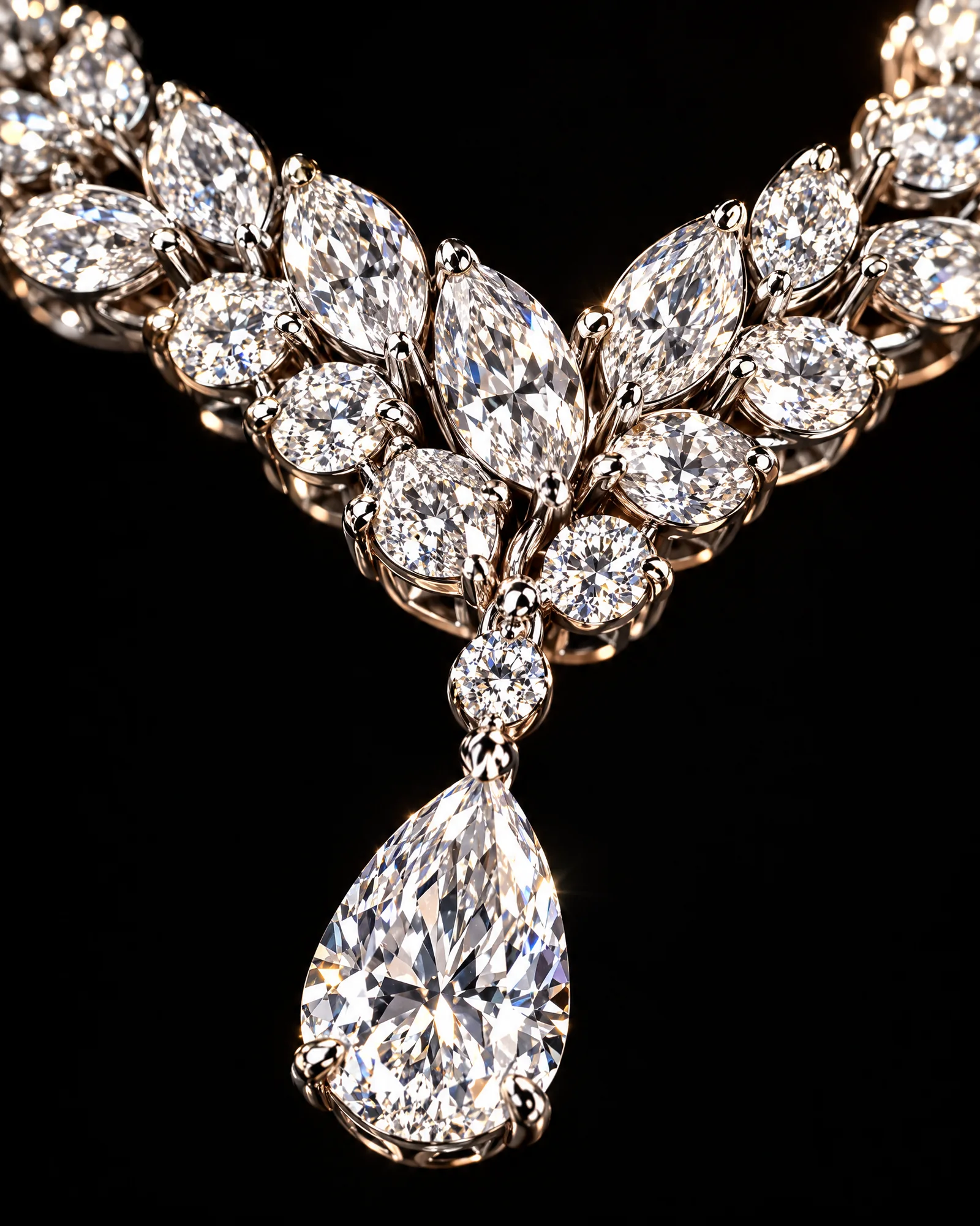 Macro of platinum claws holding marquise diamonds