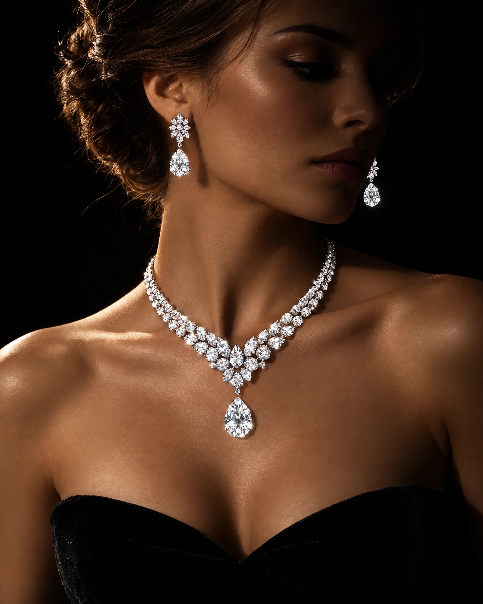Woman wearing La Rivière Nocturne necklace and pear drop earrings