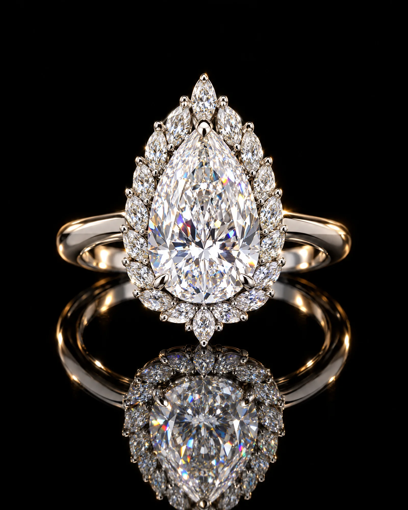 Pear diamond solitaire ring with marquise halo